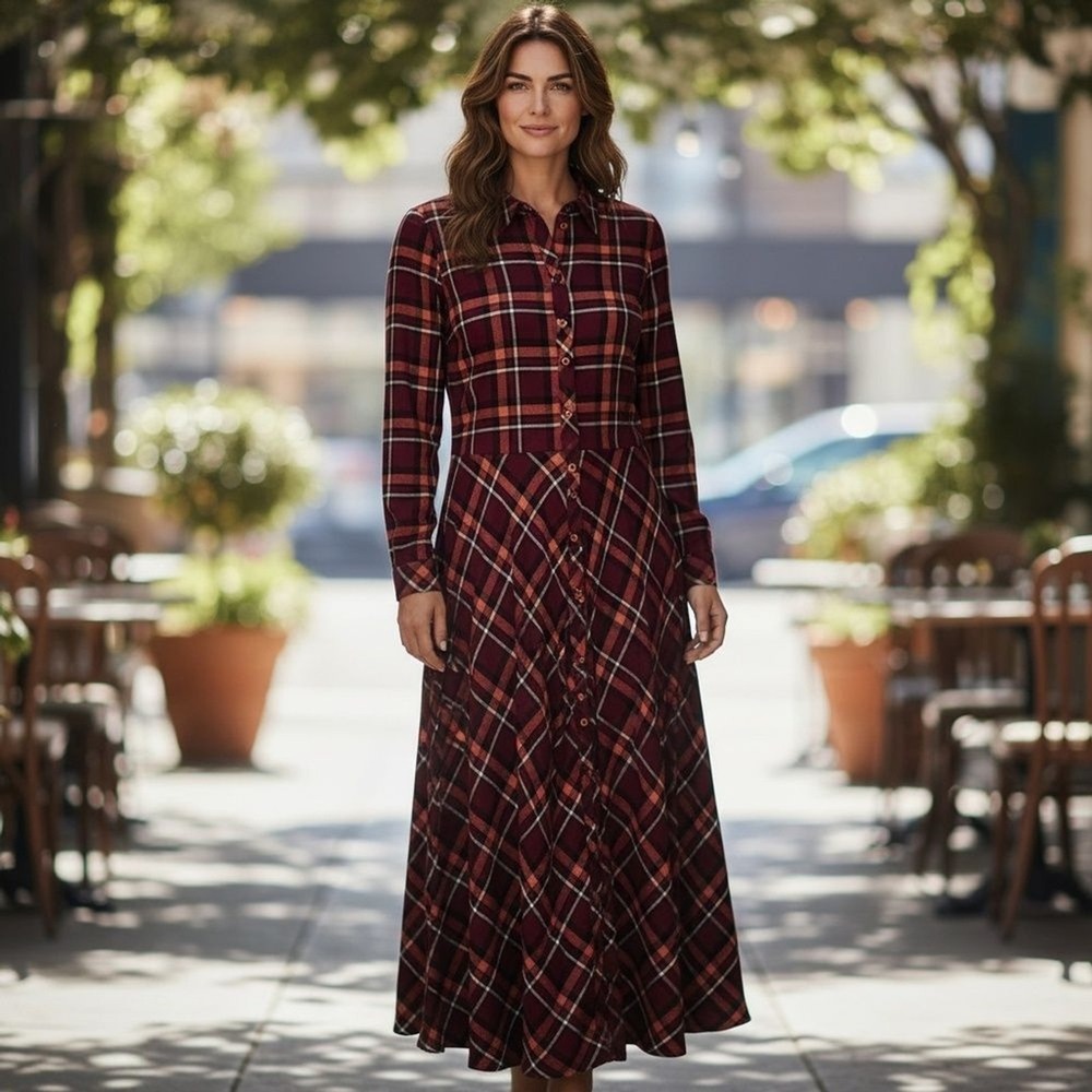 Softā Surroundings Women Plaid Maxi Shirtdress Large Burgundy Preppy Boho Dress